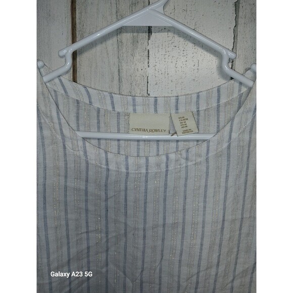 Cynthia Rowley White Blue Gold Striped Short Sleeve Linen Top Size Medium - Picture 2 of 6